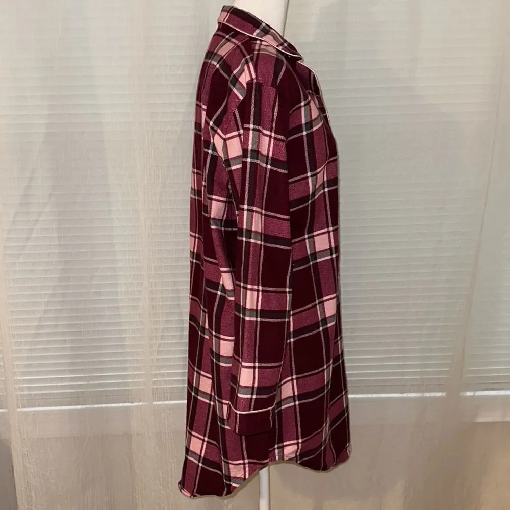 Erxeelo 12-14 Burgundy Pink Plaid Flannel 💯Cotton Pajama Sleep Long Sl Shirt